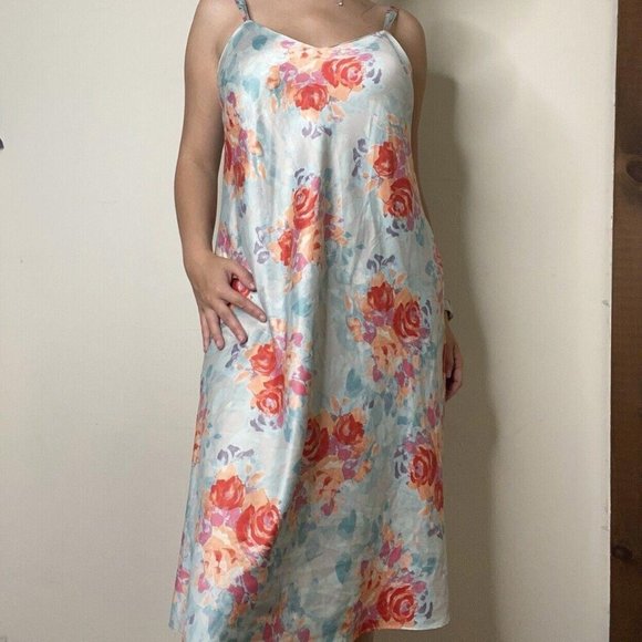 Unbranded Blue Multicolor Floral Nightgown Slip Lingerie Midi Dress Medium - Picture 1 of 12